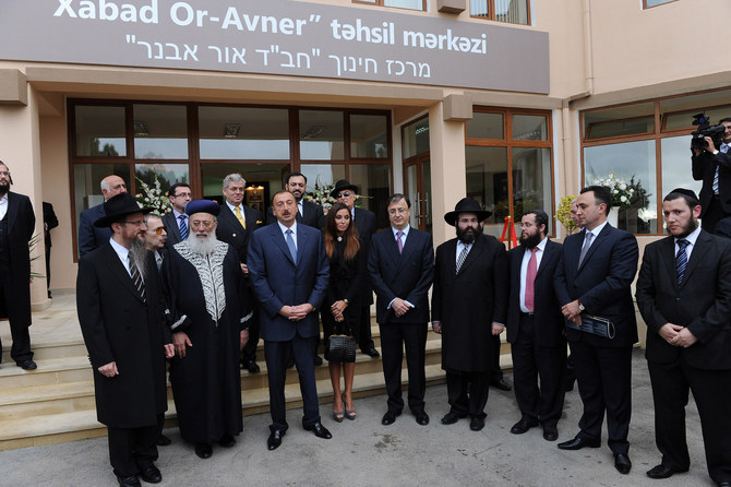 Ilham Aliyev and his wife Mehriban attend the opening of the Chabad Ohr Avner school, Baku, Azerbaijan, Oct. 4, 2010. (Wikimedia Commons)